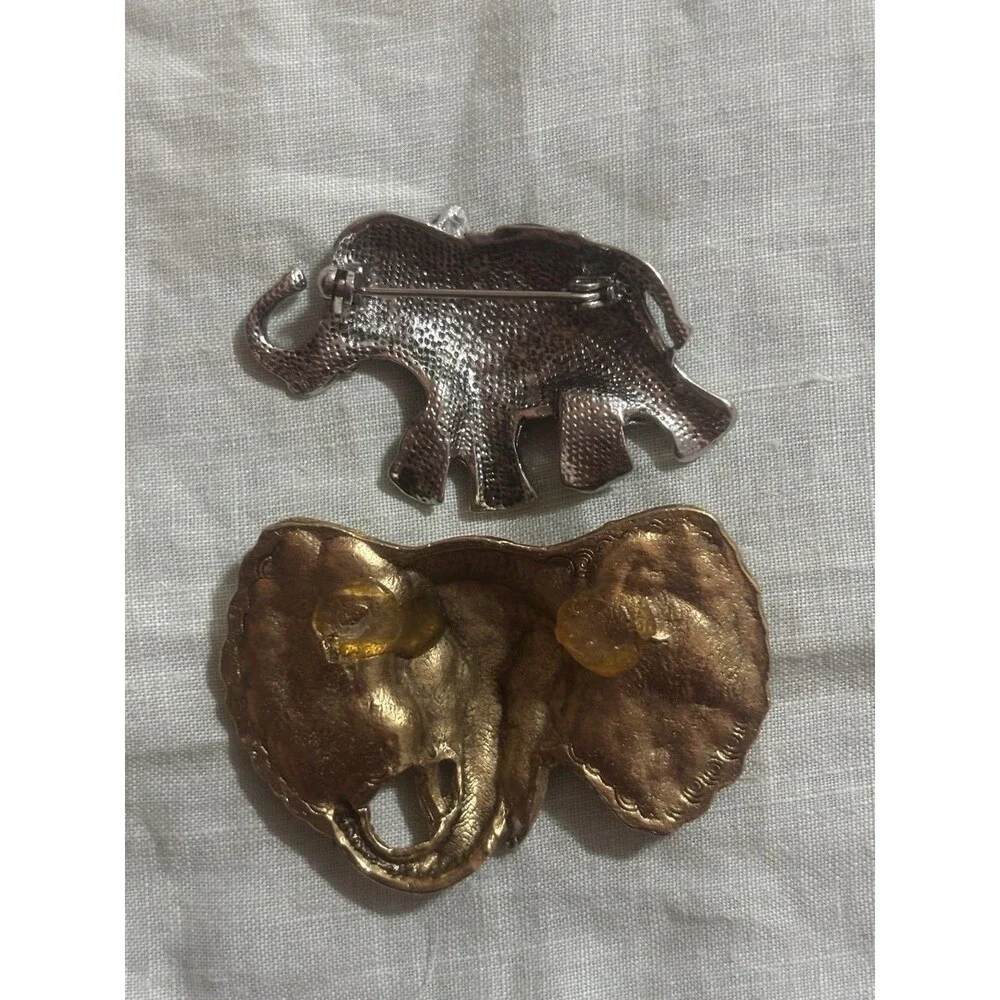 Vintage Elephant Brooch Lot 2 Gold Silver Green Rhinestone Statement Animal Pins